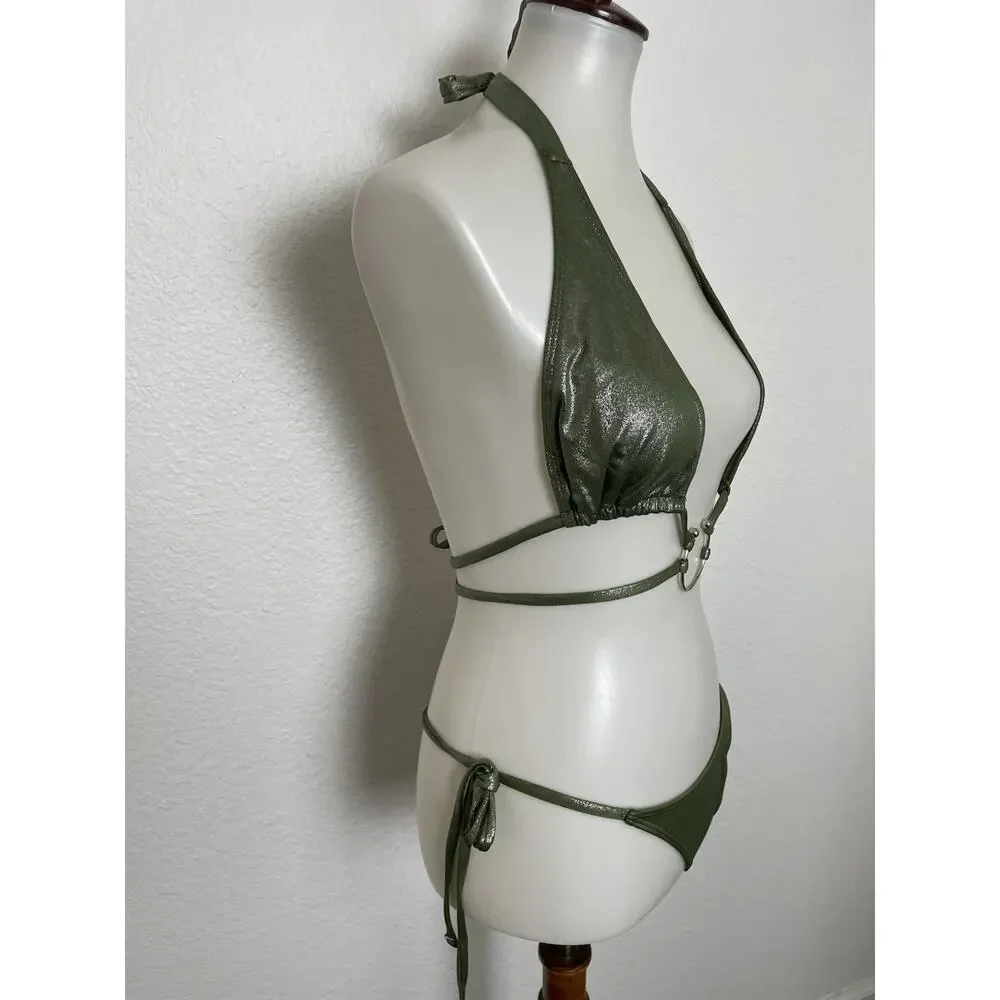 Fashion Nova Swim String Bikini Swimsuit Strappy Green Metallic Summer Festival